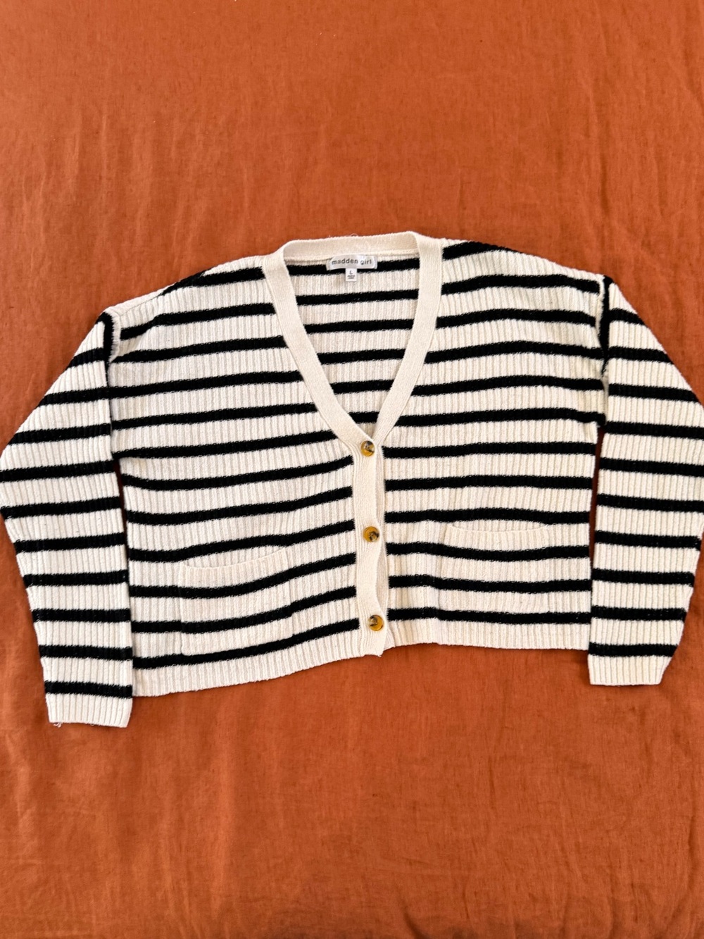 Madden Girl Black & Cream Striped V-Neck Cropped Cardigan